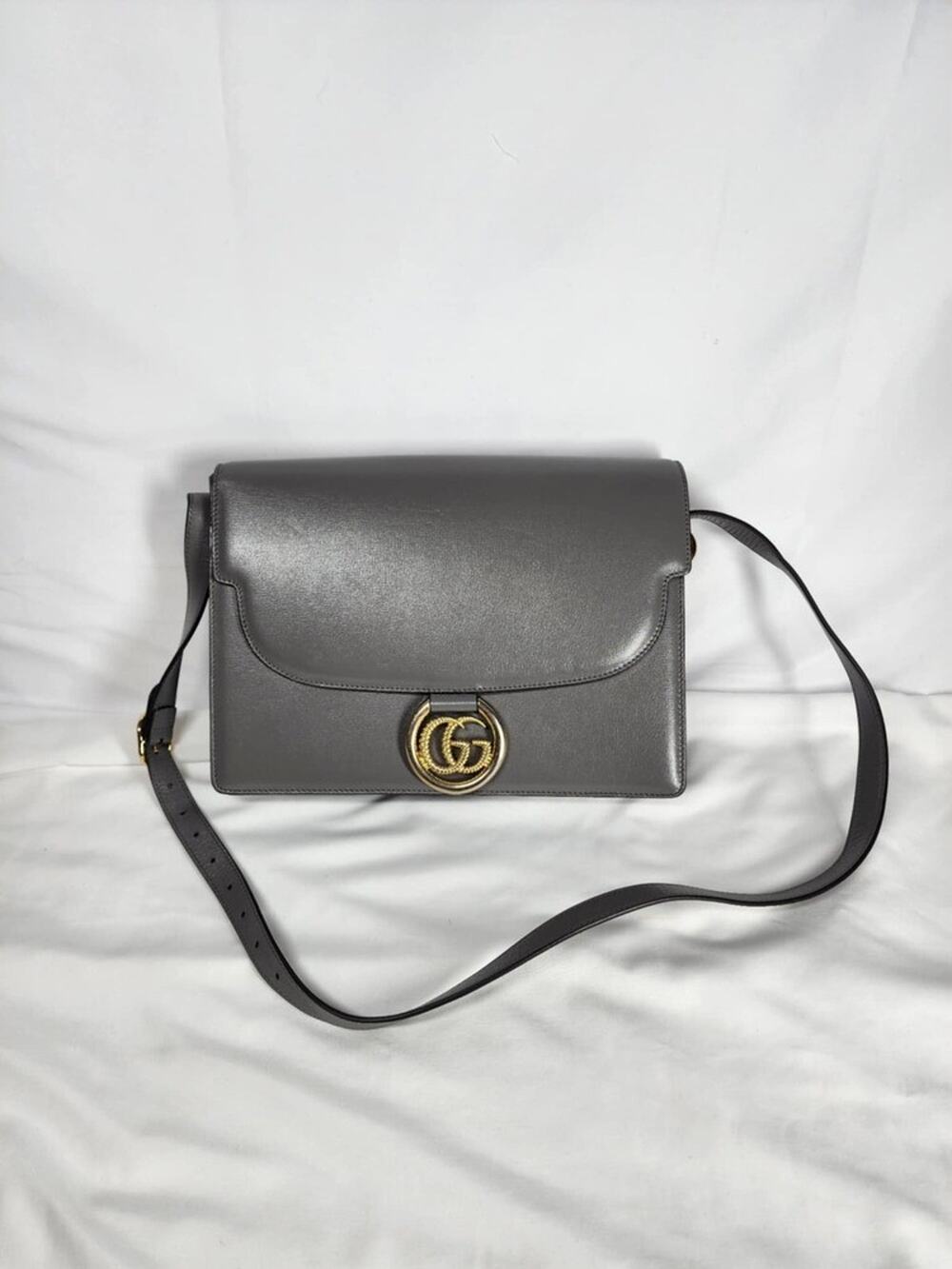 GUCCI Logo Plaque Leather Shoulder Bag Gray 325234